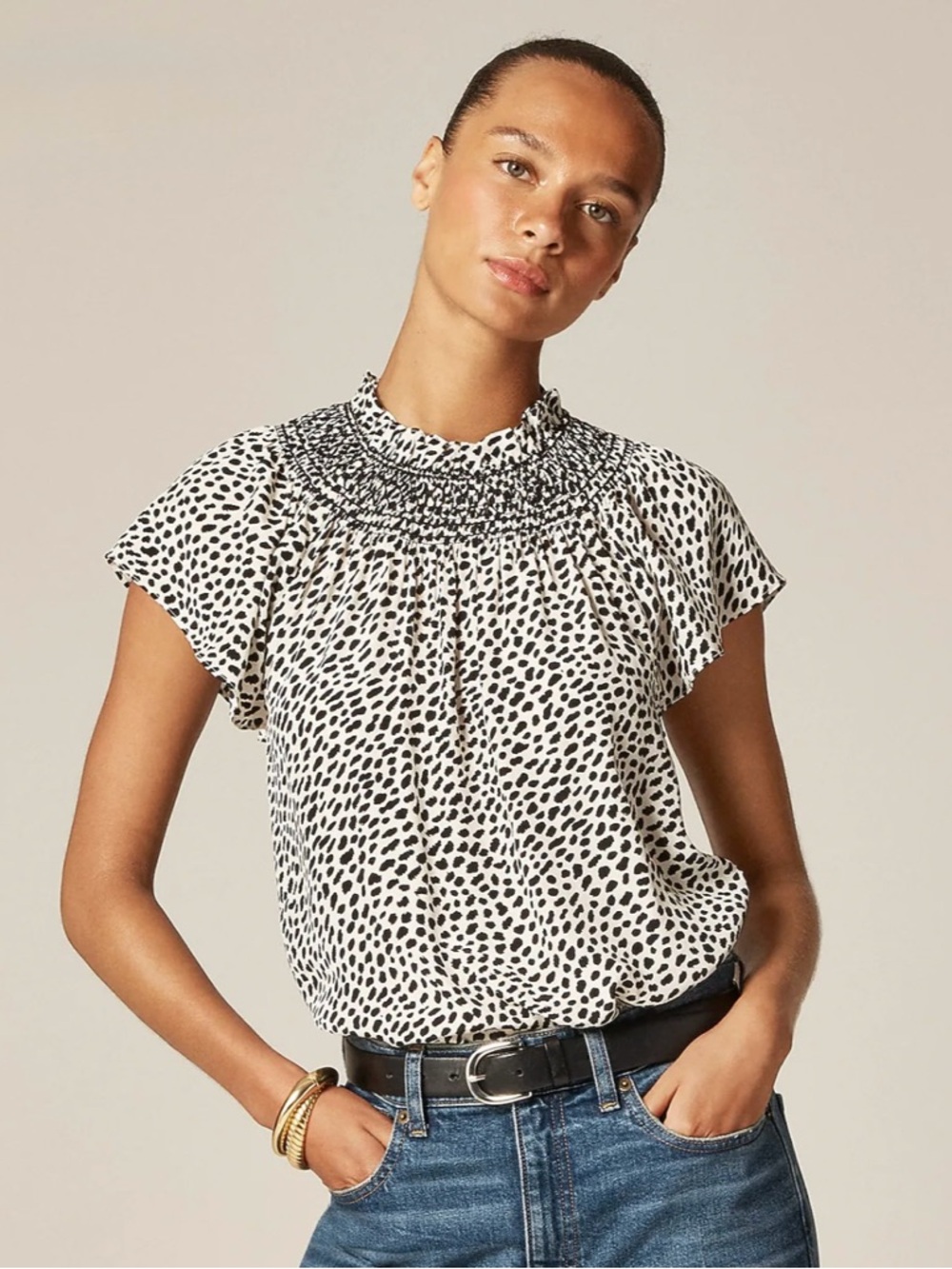 NWT J. Crew Smocked High-neck Top Spot-print Crepe de Chine Animal Spots